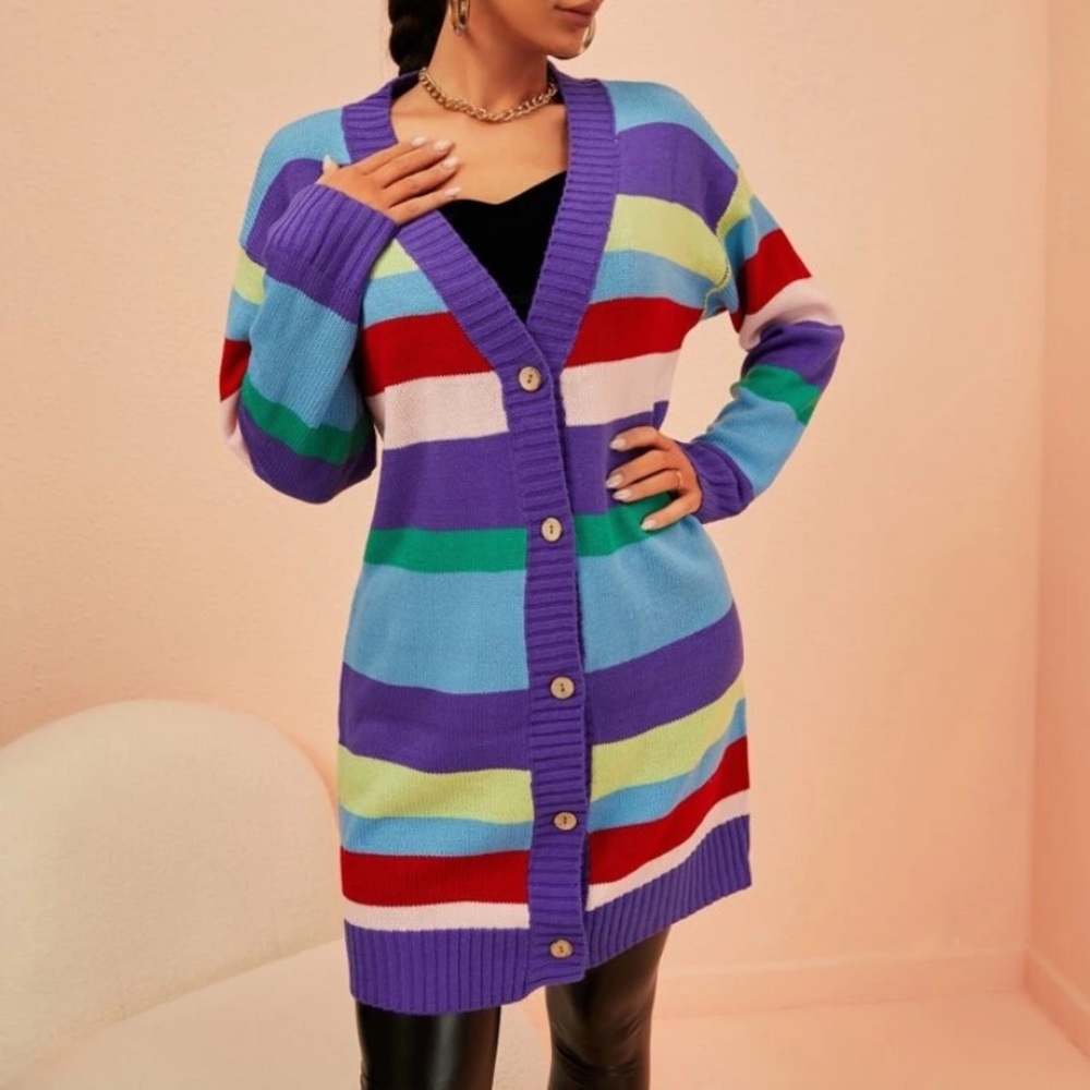 NEW INVENTORY 🎆Rainbow Stripe Pattern Drop Shoulder Cardigan🎆 - Picture 8 of 11